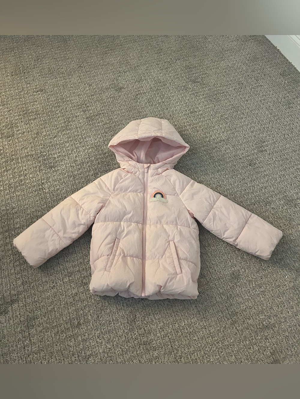 Old Navy Light Pink Hooded Puffer Jacket with Rainbow Patch